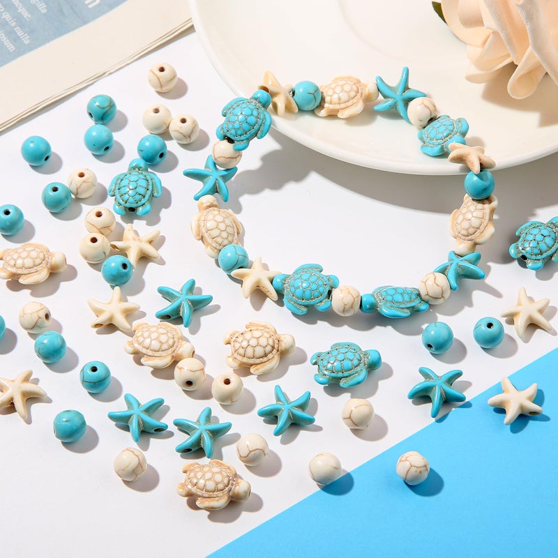 ANCADN 210pcs Turquoise Beads Sea Turtle Beads Floral White Turtle Charms Synthetic Turquoise Beads Starfish Beads for Jewelry Craft Making(bluewhite) - Image 2